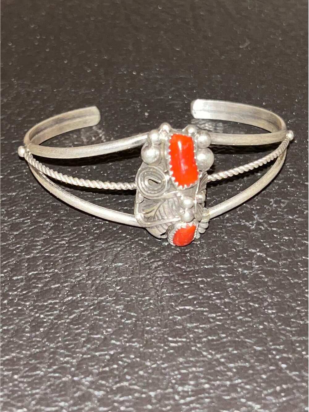 Native American Navajo handmade bracelet sterling silver coral cuff